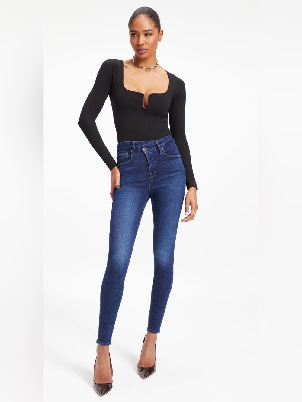 Good American Good Legs Mid-Rise Crossover Waist Stretch Skinny Jeans